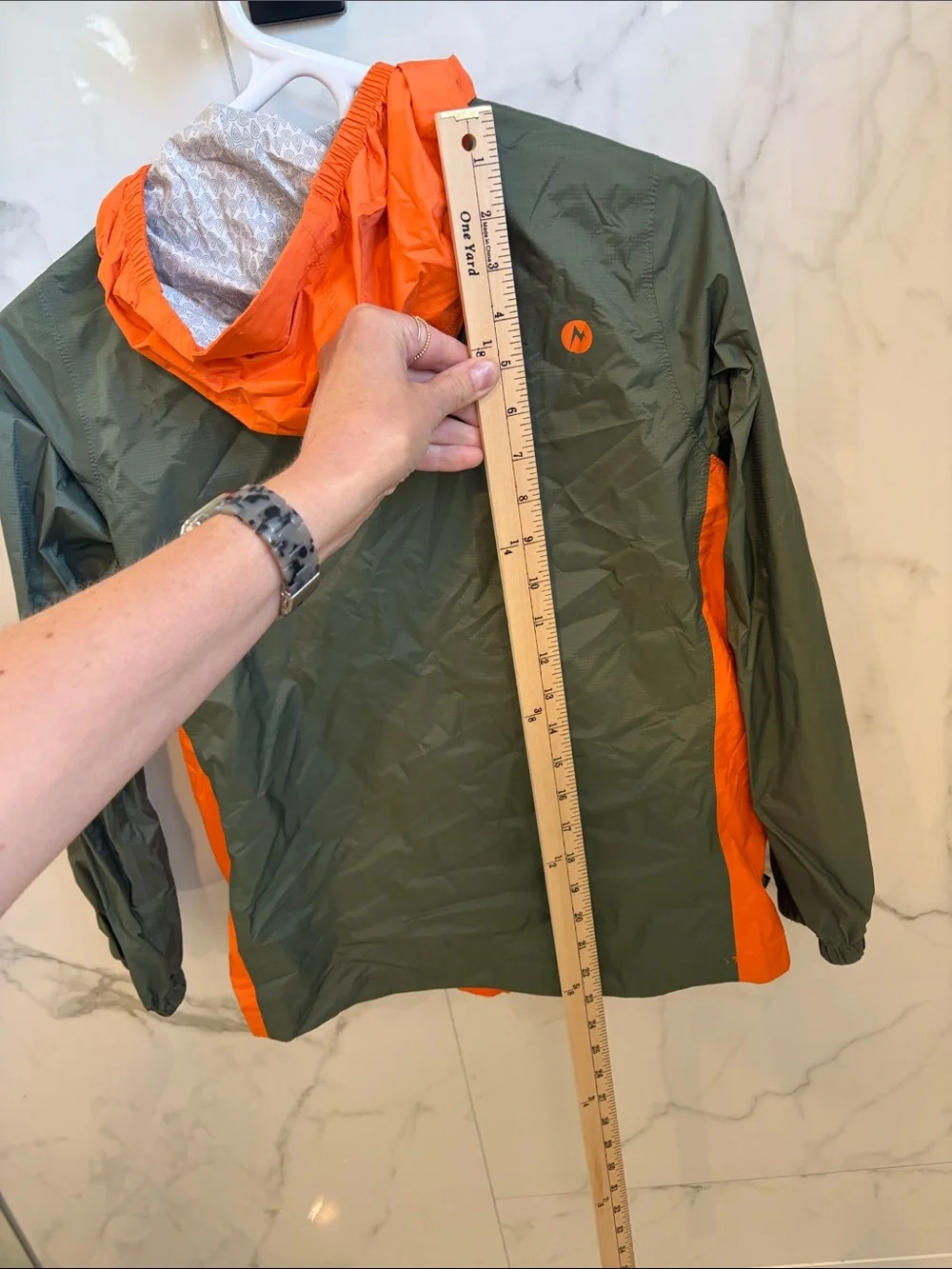 Marmot Kids Two-Tone Olive and Bright Orange Hooded Rain Jacket